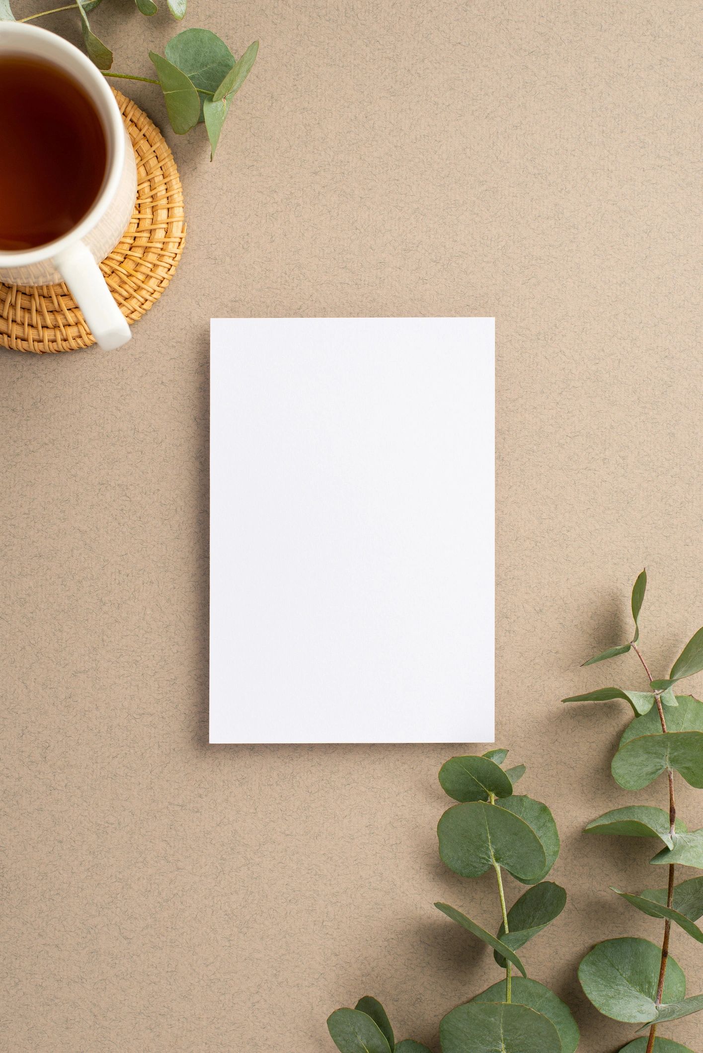 Placeholder book cover mockup with eucalyptus and tea on beige background