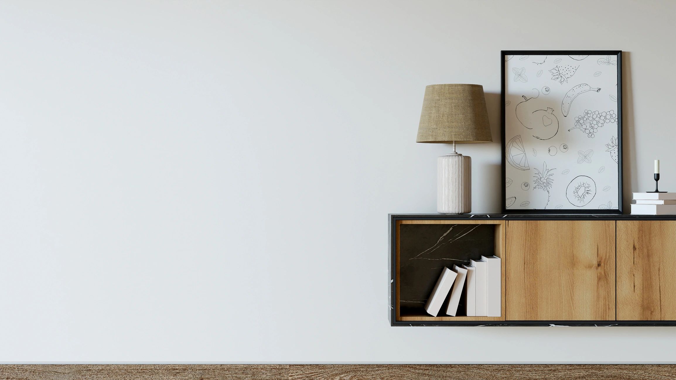 Minimal shelf with books and warm lamp light